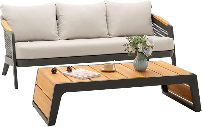 2 Pieces Patio Furniture Set Outdoor Sectional Sofas Patio Conversation Sets Aluminum Sofa Set with Teak Coffee Table & Armrests, Grey