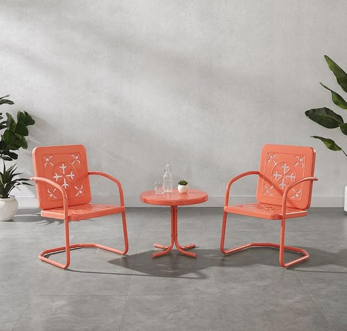 Crosley Furniture Azalea 3-Piece Vintage Outdoor Chair and Side Table Set, Retro Metal Patio Conversation Sets, Coral Gloss