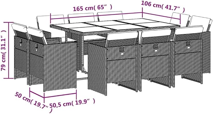 11-Piece Patio Dining Set with Cushions Gray PE Rattan Outdoor Furniture Set for Backyard Garden Balcony, Tempered Glass Table & Foldable Chairs