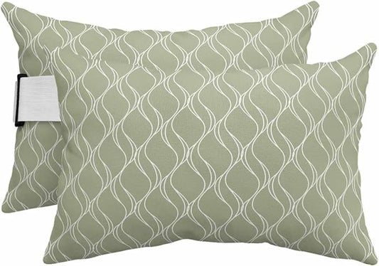 Pack of 2 Outdoor Lumbar Pillow Covers 11x16 Inch, Sage Green Stripes Waterproof Throw Pillow Covers Set, Simple Geometric Modern Monochrome Indoor&Outdoor Cushion Cases for Patio Porch Beach