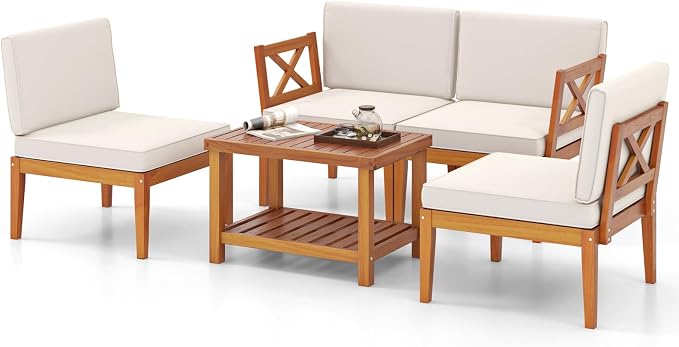 Tangkula 5 Pieces Acacia Wood Patio Furniture Set, Outdoor Sectional Conversation Set with Cushions and 2-Tier Coffee Table, Outdoor Bistro Furniture Set for Garden, Backyard and Poolside