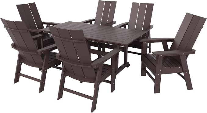 WestinTrends Ashore 7 Pieces Adirondack Outdoor Dining Set, All Weather Poly Lumber Slatted Modern Farmhouse Outdoor Furniture Set, 71" Trestle Dining Table and 6 Adirondack Dining Chair, Dark Brown