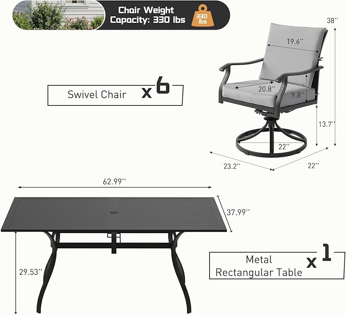 7 Piece Outdoor Patio Dining Set, 62’’ Rectangular Metal Dining Table with Umbrella Hole & 6pcs Patio Swivel Rocking Chairs, Outdoor Furniture Dining Set for Patio, Balcony, Lawn, Garden, Backyard