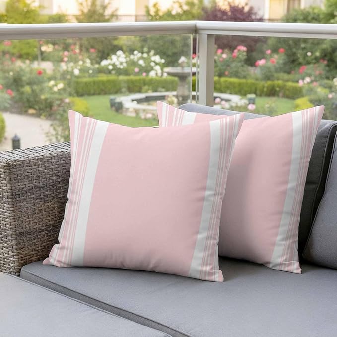 Farmhouse Pink Outdoor Waterproof Throw Pillow Covers 18x18 Set of 2, Aesthetic Modern Line Striped Decorative Pillowcases Cushion Pillowcase for Couch Sofa Patio Outside Pillow Protector
