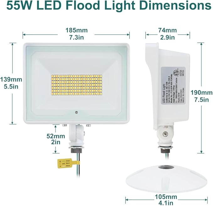 kadision 55W White LED Flood Light with Dusk-to-Dawn Photocell, 3000K/4000K/5000K Selectable, 120V 6600lm IP65 Waterproof Knuckle Mount Outdoor Security Lights, ETL Listed 1-Pack