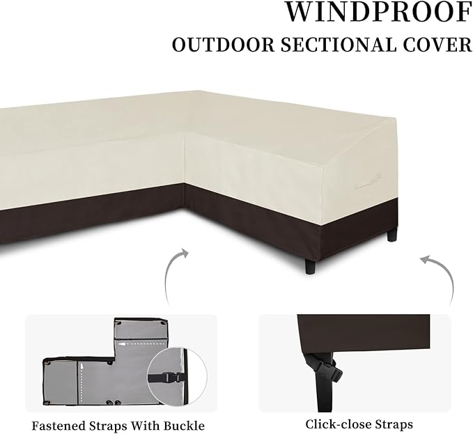 Easy-Going Patio L-Shaped Sectional Sofa Cover, Waterproof Outdoor Sectional Cover, Heavy Duty Garden Furniture Cover with Air Vent (Left Facing, Beige/Dark Brown)