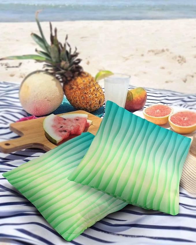 Outdoor Waterproof Pillow Covers Set of 2, Summer Abstract Geometric Gradient Turquoise Ocean Wave Patio Throw Pillow Covers, Decorative Cushion Case for Couch Sofa Furniture Garden, 18x18 Inch