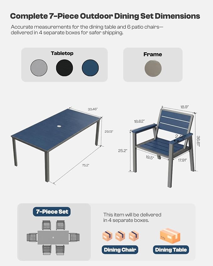 7-Piece Patio Dining Set, Aluminum & HDPE Outdoor Table and Chairs, Weather-Resistant All-Season Backyard & Deck Dining Furniture with 2" Umbrella Hole (Navy)