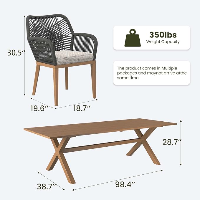 LayinSun Outdoor Dining Set for 6, 7 Pieces Patio Furniture Sets with Aluminum Dining Table and Rope Weave Chairs