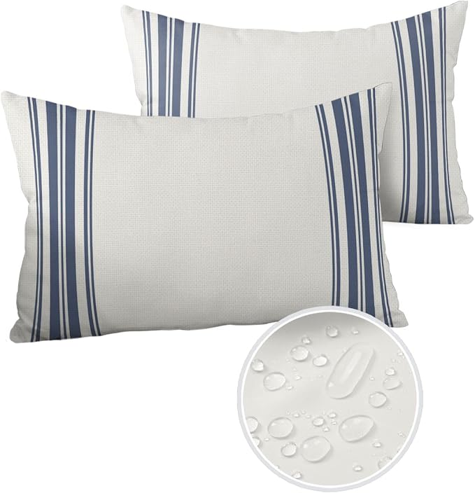 Outdoor Waterproof Pillow Covers for Patio Furniture Blue Ticking Vertically Stripe Decorative Throw Pillow Cover Simple Style White Pillowcases Set of 2 Cushion Case for Sofa Couch Chair 20 x 12 In