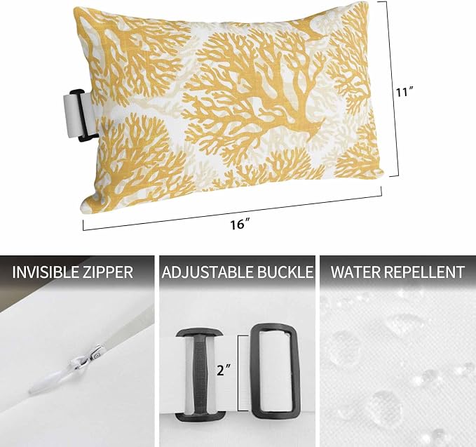 Outdoor Lumbar Pillow Set of 2, Yellow Coral Waterproof Beach Headrest Pillow with Inserts, Coastal Summer Ocean Nautical Sea Recliner Throw Pillows for Patio Furniture, 11 x 16
