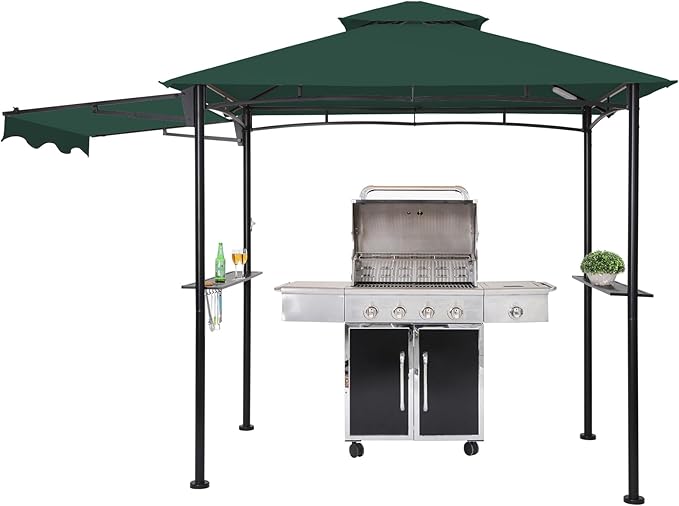FAB BASED 5x8 Grill Gazebo with Extra Awning, All-Weather Steel Construction, Double Tiered & Resistant Canopy Roof, Metal Serving Shelves, 2 LED, Bottle Opener for Patio, Backyard, BBQ (Green)