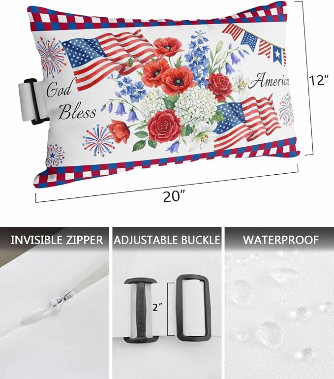 250th Anniversary Floral Outdoor Pillows for Chaise Lounge Chair Waterproof Lumbar Pillows with Insert&Adjustable Elastic Strap Beach Headrest Pillow Red Blue Stars 4th of July Neck Pillow 12"x20"