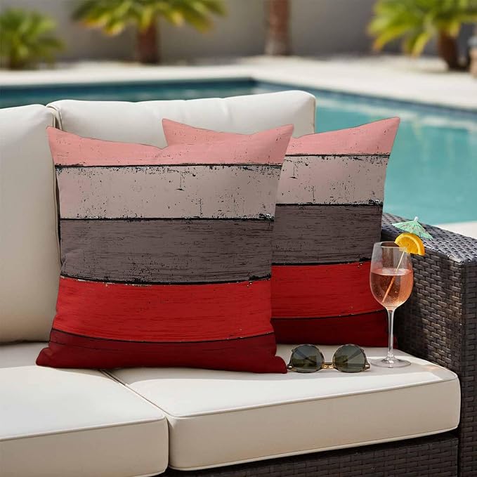 Outdoor Throw Pillow Covers 16X16 Set of 2 Waterproof Ombre Christmas Red Brown Decorative Zippered Cushion Covers for Patio Furniture, Farmhouse Retro Rustic Barn Wood Texture Lumbar Pillowcases