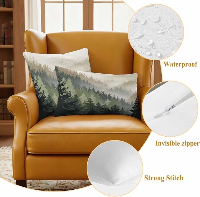 Mountains Outdoor Pillow Covers Waterproof, All Weather Cushion Case Set of 2, Watercolor Forest Nature Pine Trees Landscape Lumbar Pillowcase for Sofa Couch Bed Decor Patio Furniture 20"x12"