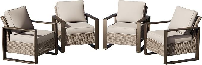 Joyside Outdoor Patio Chairs Set, 4 Pieces Wicker Rattan Chairs with Metal Wide Armrest, Thick Cushions and Deep Seating for Garden, Backyard, Porch, Deck