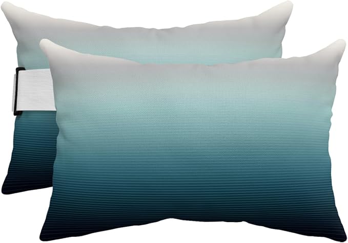 Outdoor Pillows Covers with Inserts Grey Turquoise Stripe Gradient Waterproof Recliner Pillow with Adjustable Strap Throw Pillows for Patio Furniture Pool Lounge Chair, 11x16 inch, 2PCS