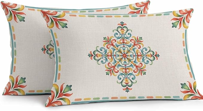 Geometric Flowers Outdoor Pillow Covers 20x12 Inch Lumbar Pillow Covers Set of 2 Waterproof Decorative Throw Pillow Cases Modern Abstract Colorful Floral on Linen Cushion Covers for Patio Furniture
