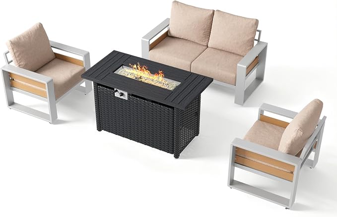 Aoxun Aluminum Patio Furniture Set with Fire Pit Table, 4 Piece Luxury Outdoor Sectional with 6" Olefin Fabric Cushions, Patio Conversation Sets with Waterproof Cover for Backyard, Porch Beige