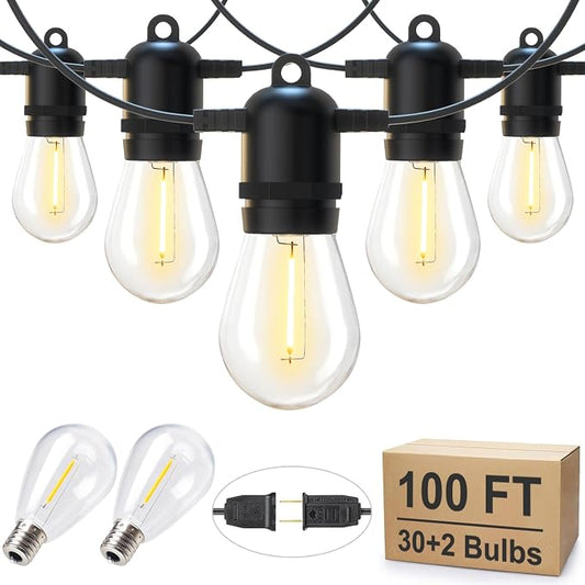 Brightown LED Outdoor String Lights for Patio 100FT with 32 Shatterproof S14 Vintage Edison Bulbs, Waterproof Outside Hanging Lights for Backyard Deck Garden Party Xmas Decor, 2700K | S14 Vintage Edison Bulbs, IP65 Waterproof Outside Hanging Lights for...