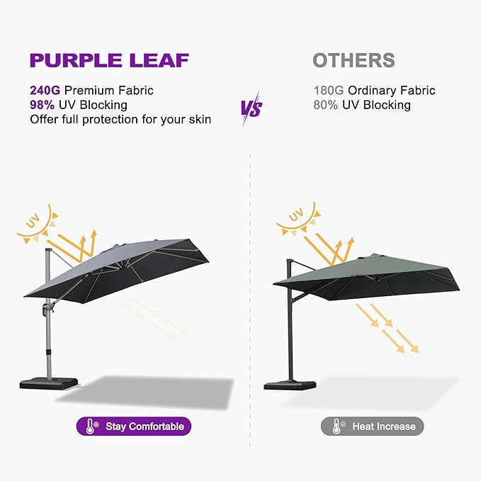 PURPLE LEAF 9' X 11' Patio Umbrella, Rectangle Outdoor Cantilever Umbrella, Aluminum Offset Umbrella with Champagne Frame and 360° Rotation for Pool Deck Garden, Grey