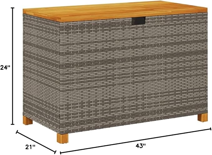 Outdoor Storage Box Patio Deck Box 43.3 Inch PE Rattan Acacia Wood Gray Garden Storage Bench with Water-Resistant Bag and Gas Spring for Pool Toys Cushions Pillows