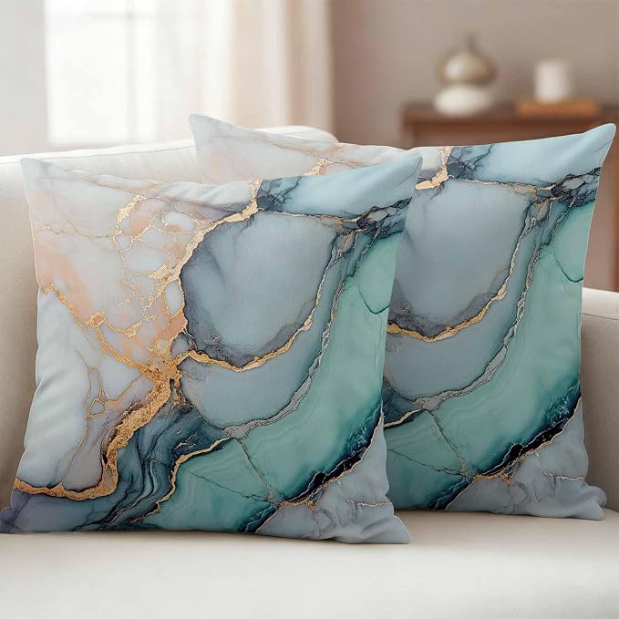 Marble Texture Outdoor Waterproof Throw Pillow Covers Set of 2, 26"x26", Abstract Teal Blue Gold Crack Art Decorative Pillow Covers Outside Cushion Case for Patio Porch Garden