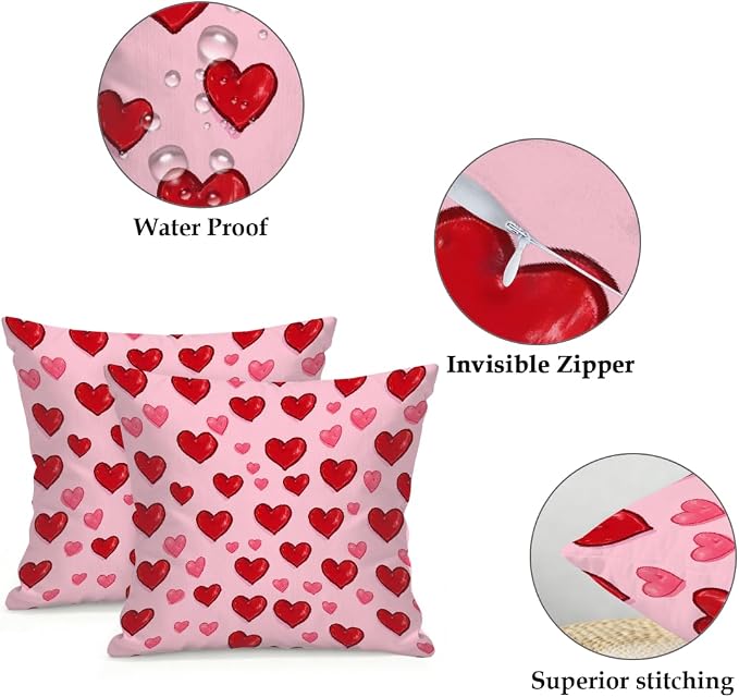 22x22 Inch Outdoor Pillow Covers Set of 2 Waterproof Throw Pillow Covers Decorative Couch Cushion Covers Red Pink Heart Square Pillowcases Protectors for Patio Garden Sofa