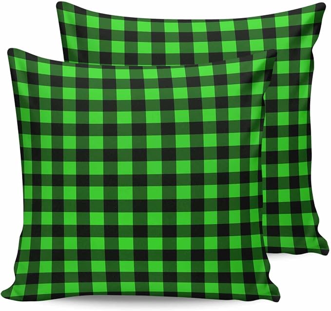Outdoor Waterproof Throw Pillow Covers Set of 2 Green Buffalo Plaid Pillowcases 24x24 Inches Pastoral Black Checked Decorative Pillows Cushion Case Patio Pillows for Couch Bed Chair Garden