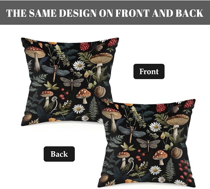 16x16 Inch Outdoor Pillow Covers Set of 2 Waterproof Throw Pillow Covers Decorative Couch Cushion Covers Mushrooms Dragonflies Leaf Square Pillowcases Protectors for Patio Garden Sofa