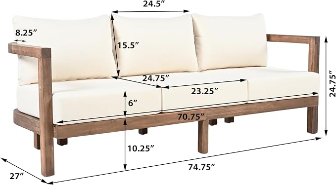 Merax 3 Seater Outdoor Acacia Wood Patio Sofa with Cushions for Porch, Garden, Backyard, Balcony, Brown wash, Beige Cushion