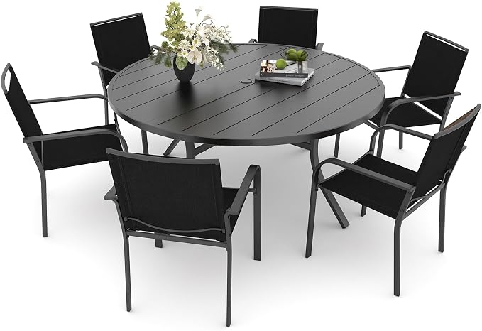 Anmutig 7 Piece Patio Dining Set 54 Inch Round Table Stackable Chairs Black | Powder-Coated Steel Frame, Quick-Dry Textilene Mesh, Dual-Size Umbrella Hole, Weather Resistant, Patio, Garden, Backyard