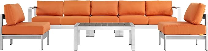 Modway Shore 6-Piece Aluminum Outdoor Patio Sectional Sofa Set in Silver Orange