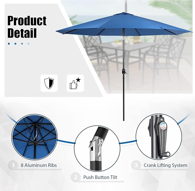 Crownland 7 Piece Outdoor Patio Metal Dining Sets, 6 Stackable Metal Chairs and Rectangular Outdoor Dining Table with with Dark Blue 9FT Round Outdoor Umbrella, for Backyard, Garden (Classic Black)