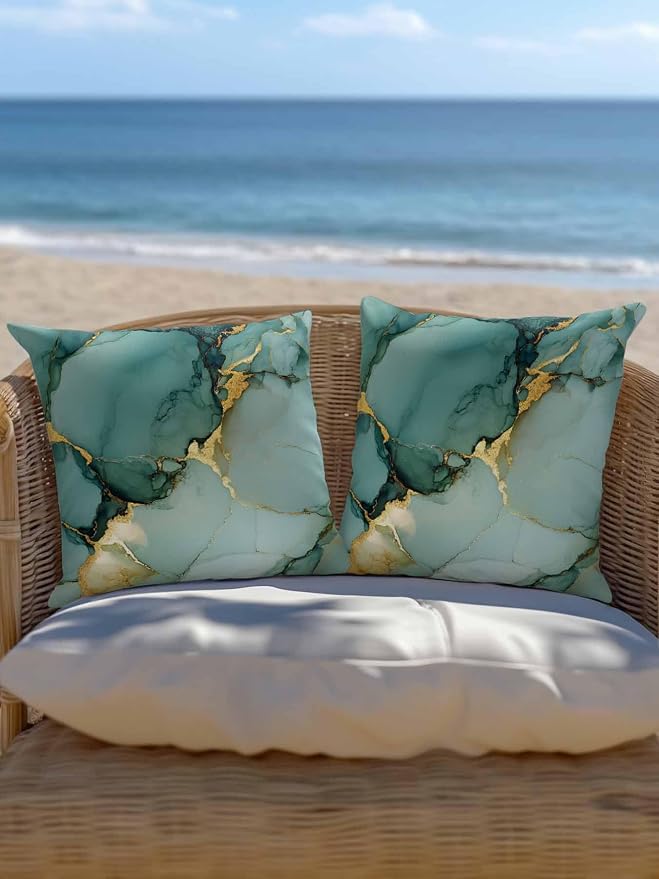 1 Pack Outdoor Throw Pillow, Teal Ombre Marble Waterproof Pillow with Insert Included, Modern Ink Painting Abstract Decorative Accent Cushion Sofa Pillows for Patio Porch, 18 x 18 in
