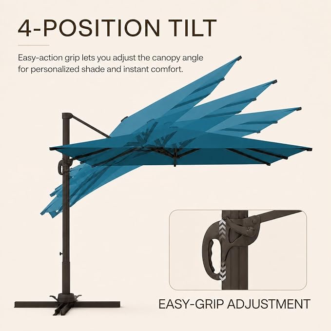 Kingdura 9' X 9' Cantilever Patio Umbrella with Base Included, Large Square Outdoor Offset Umbrella with 360-degree Rotation, 4 Position Tilt, UV Protection for Pool Deck Garden Patio (Lake blue)