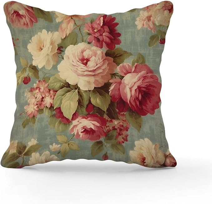 Cushion Cases Watercolor Pink Roses Throw Pillow Covers Classic Romantic Aqua Flower Pillow Cover Accent Throw Pillow Covers Farmhouse Decorative for Patio Garden Sofa Chairs 22x22 in