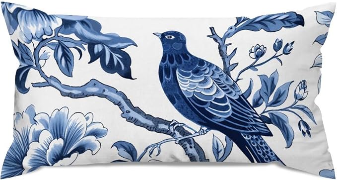 Blue Indigo Floral Chinoiserie Rectangular Cushion Cover Asian Navy Lotus Bird Cushion Cover 12x24in Classic Accent Decorative Cushion Covers Home Decor for for Sofa Couch Bed Car Indoor