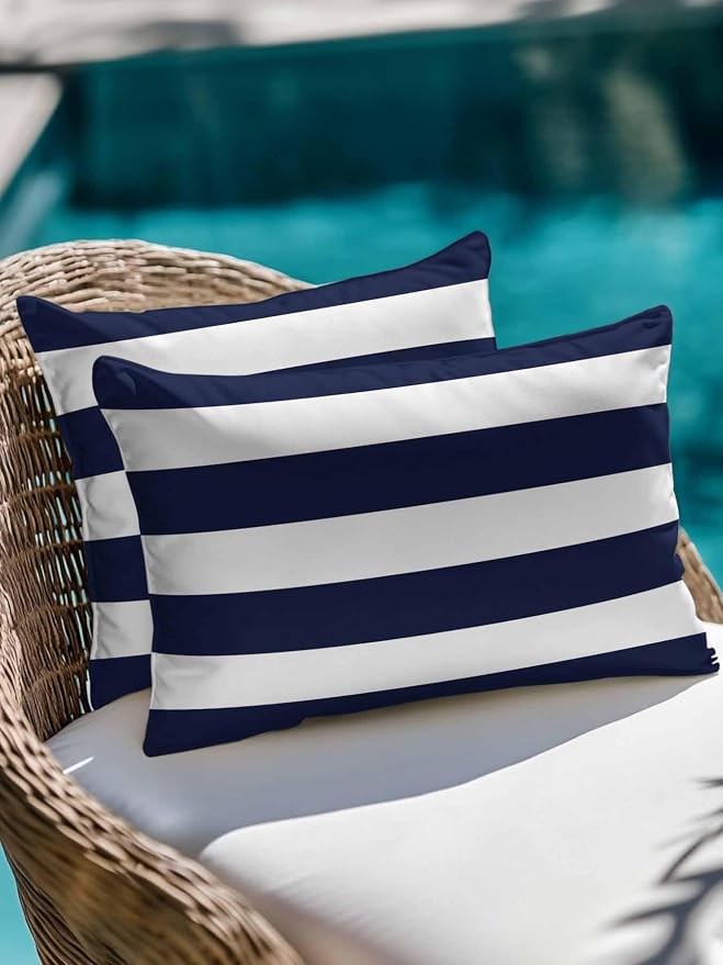 Waterproof Outdoor Pillow Set of 2 Navy Blue Stripe Decorative Throw Pillows Cover & Insert 20x12 Inch Lumbar Pillowcase Simple Style White Striped Pillows for Couch Sofa Bed Patio Furniture