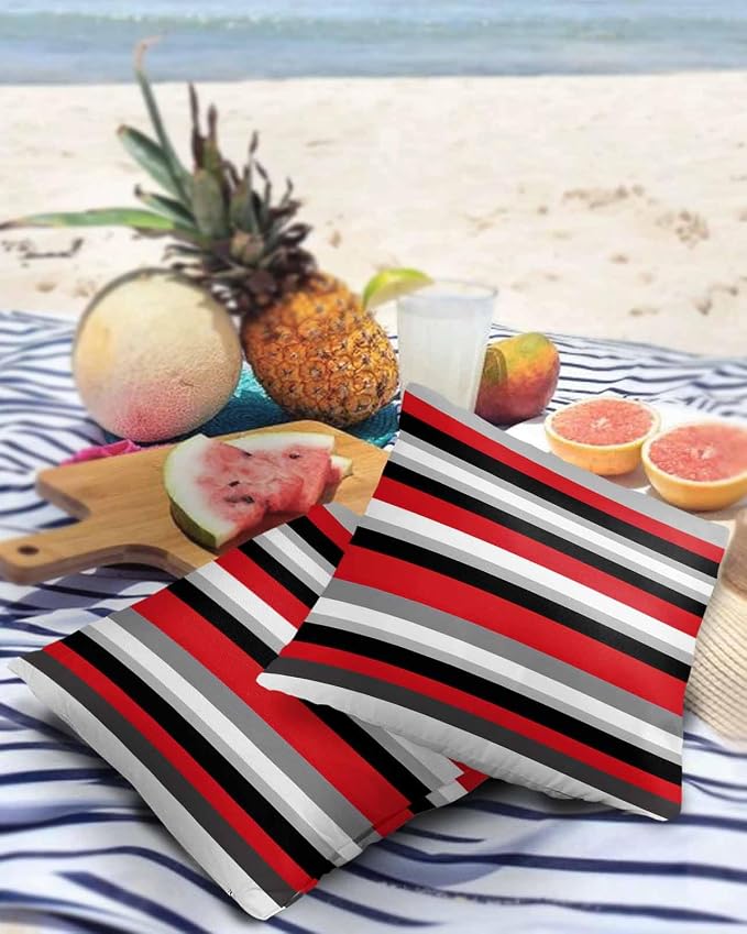 Pack of 2 Red Black Grey Stripes Outdoor Pillow Waterproof Covers 16x16 inch, Geometric Mexican Style Polyester Throw Pillow Covers Garden Cushion Decorative Case for Patio Couch Decoration