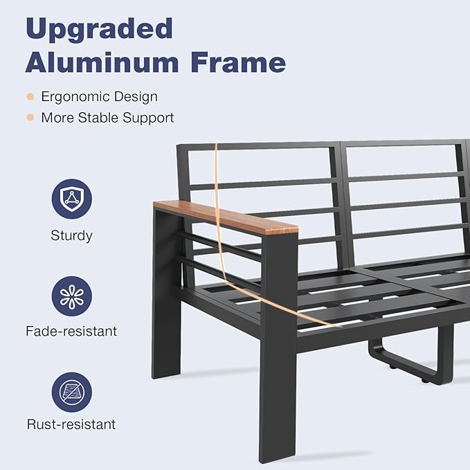 Aoxun Aluminum Patio Furniture Set 7 Seats, Oversized Outdoor Sectional with Washable Thick Cushions, Coffee Table, Patio Conversation Sets for Porch, Balcony, Deck, Dark Gray