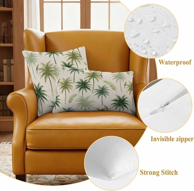 Yukro Summer Palm Tree Parrot Outdoor Waterproof Pillow Covers Pack of 2, Tropical Green Leaf Bird Retro Throw Pillowcases Decorative Cushion Covers for Garden Patio Tent Sofa Couch, 24x24 inch