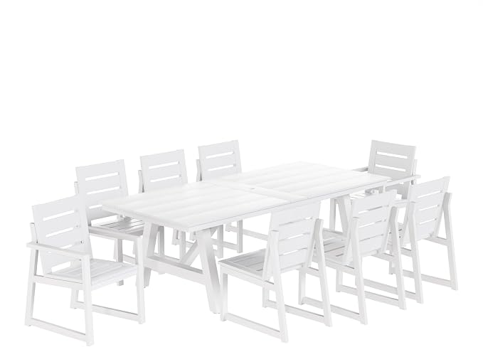 WestinTrends Cape May 9-Piece HDPE Outdoor Furniture Patio Dining Table with Umbrella Hole and Chairs Set for 8, White