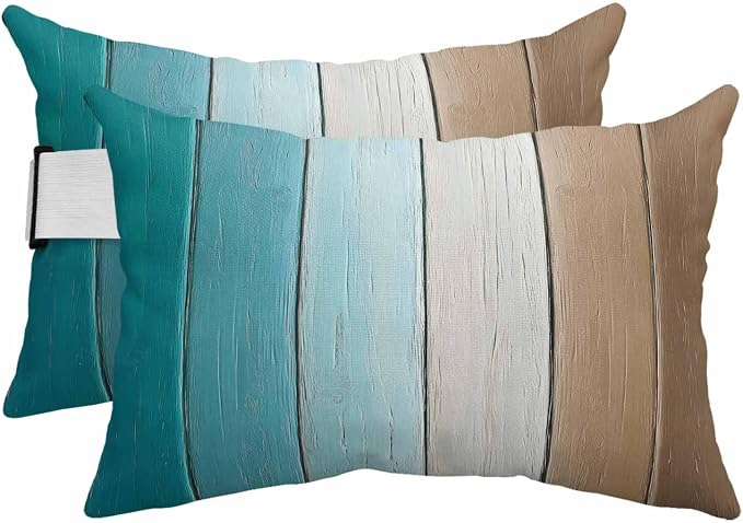 Aqua Brown Ombre Outdoor Pillows for Chaise Lounge Chair Beach Headrest Pillow Set of 2 Waterproof Lumbar Pillows with Insert&Strap Vintage Country Wooden Recliner Neck Pillow for Patio Pool 12"x20"