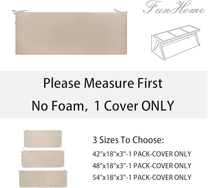 FUNHOME Outdoor Bench Cushion Cover 54 x18 x 3 inch,Water Resistant Cover with Zipper&Ties,Fade-Resistant Slipcover,Patio Porch Swing Cushion Cover Replacement Only,No Insert(Antique Beige)
