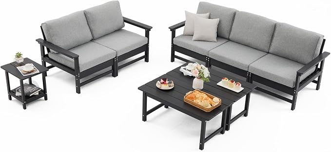 HDPE Outdoor Patio Furniture Set with Cushions, 8 Piece Patio Conversation Set Sofa Set,All Weather Outdoor Couch Set with Coffee Table for Lawn, Garden, Deck
