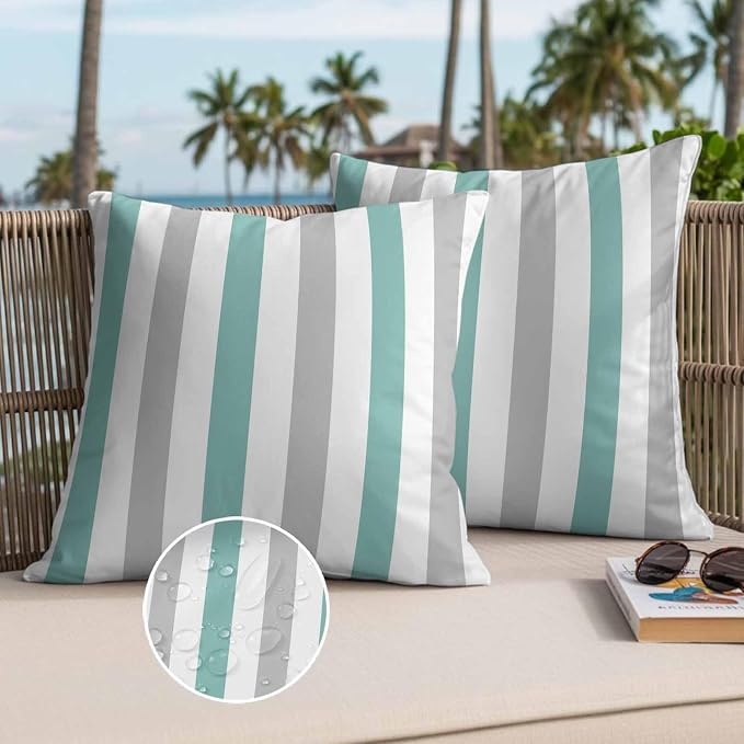 Turquoise Gray Striped Waterproof Outdoor Pillow Covers Set of 2 Home Decor, Farmhouse Stripe Art Pillowcase Patio Pillow Covers for Couch Bench Furniture Garden 18x18in