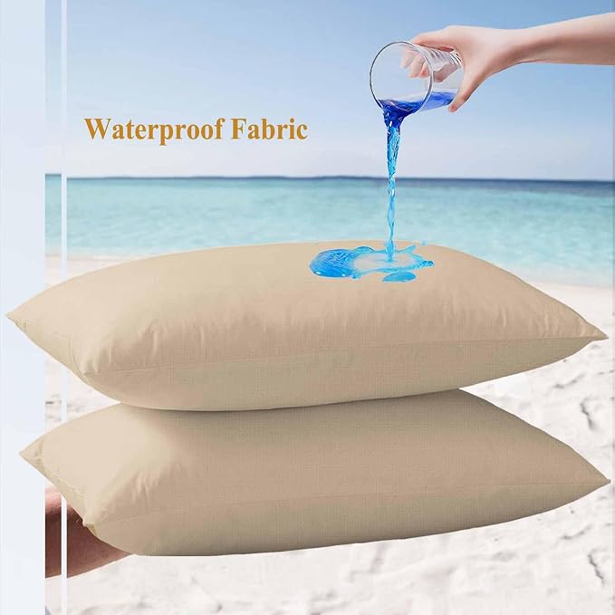 Lumbar Pillow Covers 20x12 Inch Set of 2, Khaki Solid Color Waterproof Outdoor Pillow Covers, Aesthetics Contemporary Luxury Decorative Cushion Pillowcases for Couch, Sofa, Bed, Garden, Patio