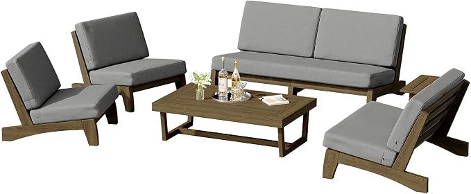 6 Piece Wood Outdoor Patio Frutnire Set, 7 Seater Patio Conversation Sets with Thick Cushions, Outdoor Sectional Furniture with Coffee Table - Gray