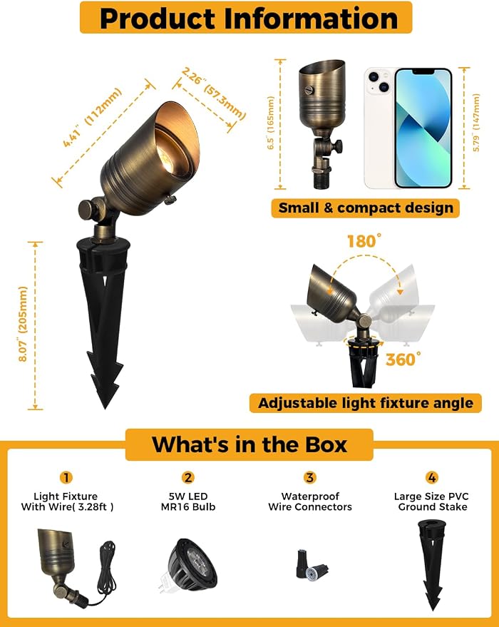 COLOER Brass Outdoor Spotlights,12V LED Low Voltage Landscape Lighting with 5W 2700K Aluminum MR16 Bulb, IP65 Waterproof Landscape Spot Lights for Yard,Garden,Tree, Small Size (1 Pack with Bulb)